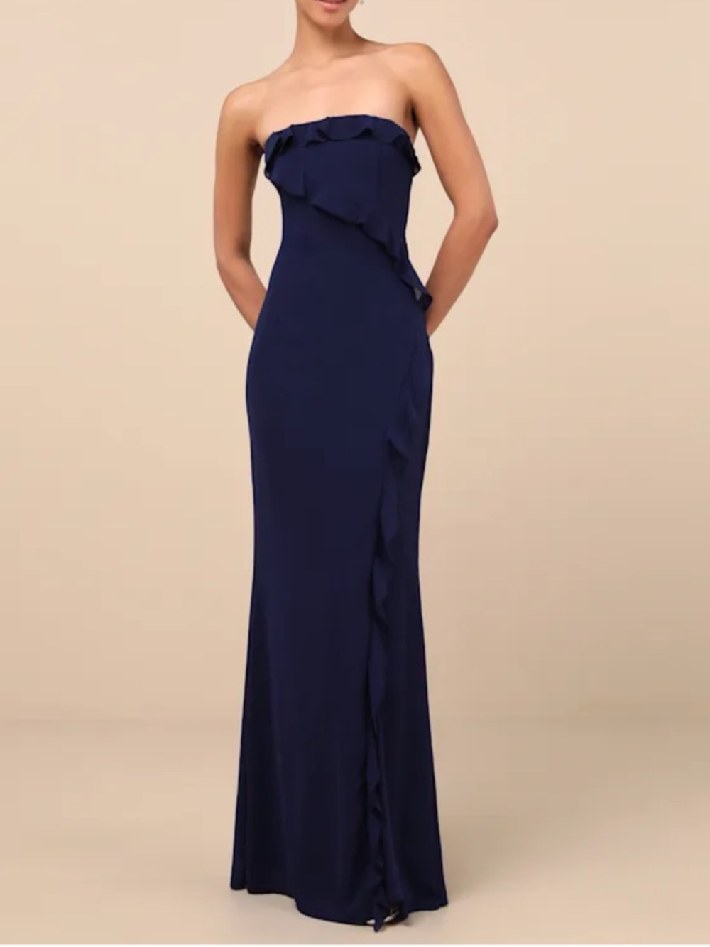 NWT Lulus Excellent Sensation Navy Strapless Ruffled Maxi Dress